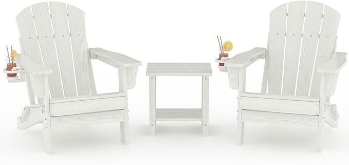 Garvee Folding Adirondack Chair Set of 2 with Side Table, HDPE Outdoor Patio Chair with Cup Holder, All Weather Resistent Wooden Textured for patios, Decks, Gardens, fire Pit, White
