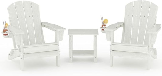 Garvee Folding Adirondack Chair Set of 2 with Side Table, HDPE Outdoor Patio Chair with Cup Holder, All Weather Resistent Wooden Textured for patios, Decks, Gardens, fire Pit, White