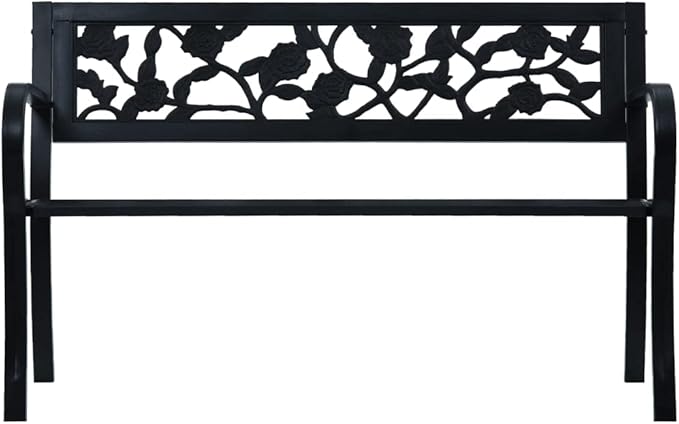 49.2 Vintage Steel Garden Bench Black Floral, Powder-Coated Metal 2-Seat, Weather-Resistant Patio Porch Backyard Balcony