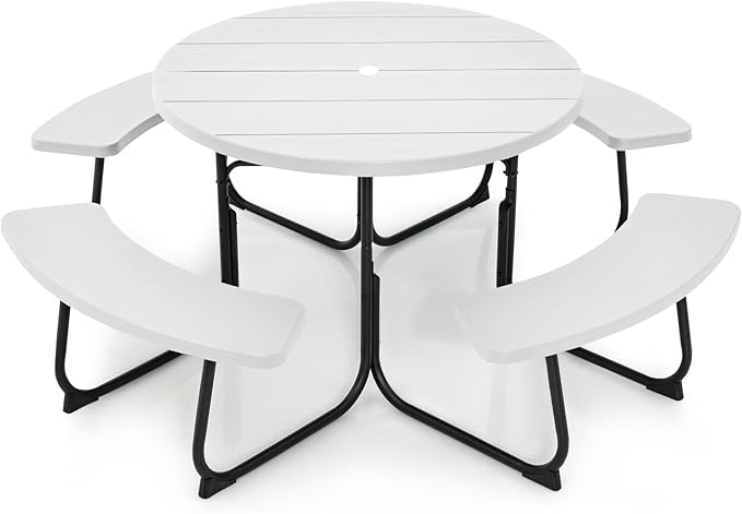 Round Picnic Table for Outdoors, 8 Person Outdoor Picnic Tables & Benches Set with Umbrella Hole - Photo 1