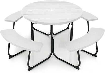 Round Picnic Table for Outdoors, 8 Person Outdoor Picnic Tables & Benches Set with Umbrella Hole, HDPE Tabletop & Metal Frame, 2000 LBS Capacity Table Bench Set for BBQ, Garden, Lawn, Patio