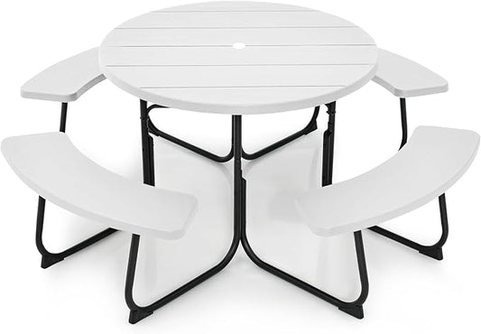 Round Picnic Table for Outdoors, 8 Person Outdoor Picnic Tables & Benches Set with Umbrella Hole, HDPE Tabletop & Metal Frame, 2000 LBS Capacity Table Bench Set for BBQ, Garden, Lawn, Patio