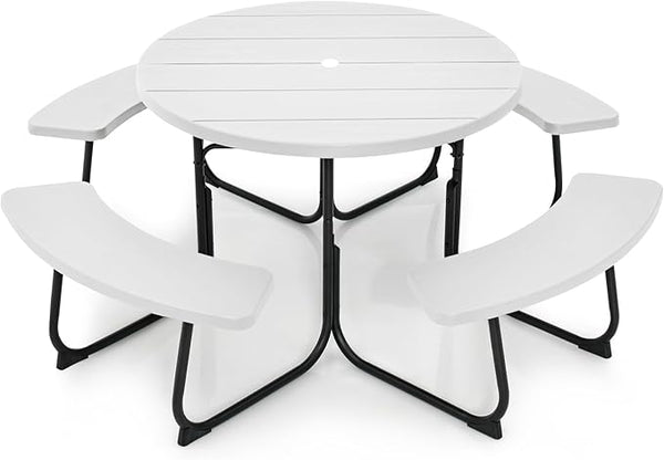 Round Picnic Table for Outdoors, 8 Person Outdoor Picnic Tables & Benches Set with Umbrella Hole - Photo 1