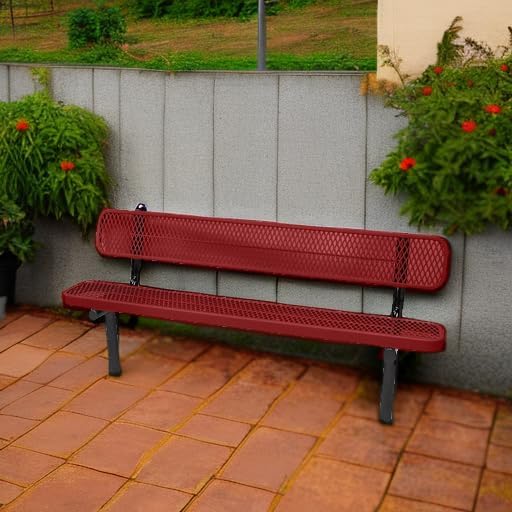 COATEDOUTDOORFURNITURE Coated Outdoor Furniture Heavy-Duty Outdoor Bench Thermoplastic Coated, Expanded Metal, Commercial-Grade Seating, Made in America (Inground with Back, 6 Ft, Textured Burgundy)