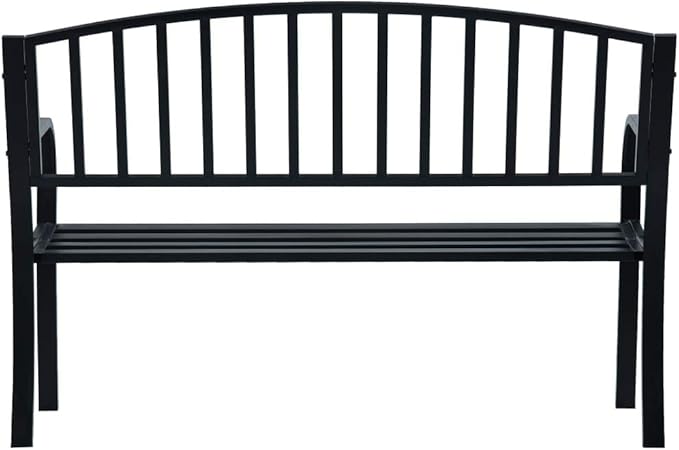 Black Powder-Coated Steel Garden Bench 47.2 Inch Long Durable Outdoor Seating for Patio Balcony Backyard with Spacious Backrest Industrial Style Weather Resistant Furniture