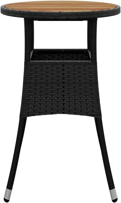 Black Round Garden Dining Table with Acacia Wood and Poly Rattan, Ø23.6 Inch Outdoor Patio Table for Balcony, Durable Steel Frame, Weather Resistant Design, Easy Maintenance
