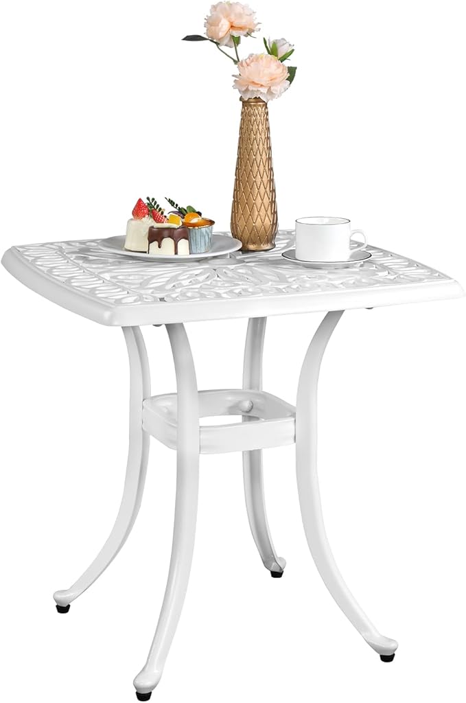 Bonnlo 21 Inch Cast Aluminum Outdoor Side Table with Umbrella Hole, Anti-Rust Coffee Bistro Table for Outdoor, Patio, Garden, Porch, Balcony End Table (Square, White)
