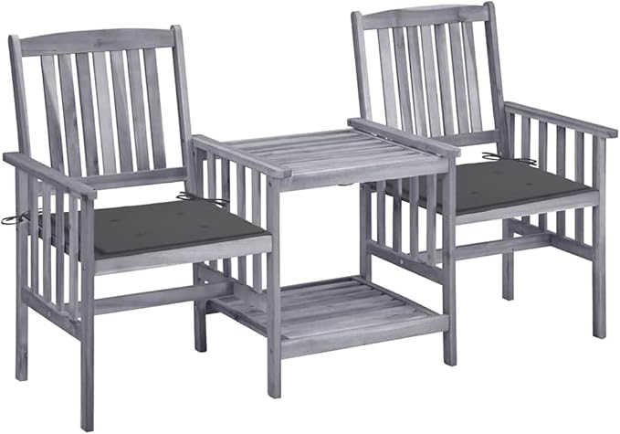 Grey Acacia Wood Garden Chair Set with Tea Table and Cushions for Outdoor Relaxation, Includes Two Armchairs and a Stylish Table for Patio, Balcony, or Garden Use, Durable