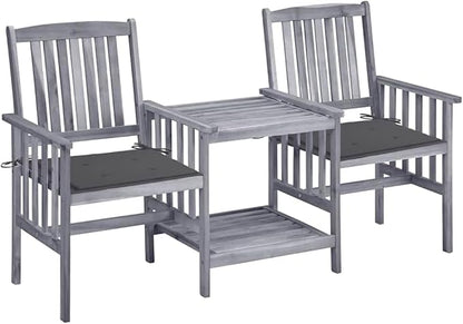 Grey Acacia Wood Garden Chair Set with Tea Table and Cushions for Outdoor Relaxation, Includes Two Armchairs and a Stylish Table for Patio, Balcony, or Garden Use, Durable