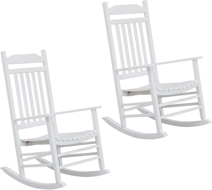 White Porch Rockers for Wooden Adults Furniture Set of 2 Outside Rocking Chair for Patio Lounge Balcony，Suitable for Indoor and Outdoor Use