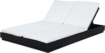 Christopher Knight Home Toridan Double Chaise Lounge Outdoor with Cushion, Acacia Wood Patio Chaise Lounge Set of 2, Adjustable Backrest Poolside Sun Lounger, Wood Sunbathing Chair, Black+White