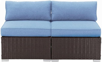 COSIEST 2-Piece Outdoor Furniture Add-on Armless Chairs for Expanding Chocolate Brown Wicker Sectional Sofa Set w Heritage Blue Thick Cushions for Garden, Pool, Backyard