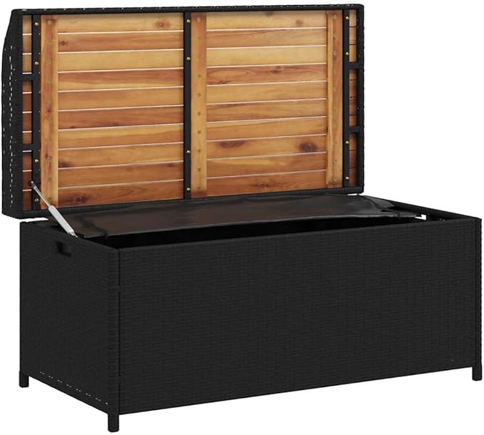 Outdoor Storage Bench with Acacia Wood Top and Synthetic Rattan, 2-Seater Black Rectangular Contemporary Patio Furniture for Garden Balcony
