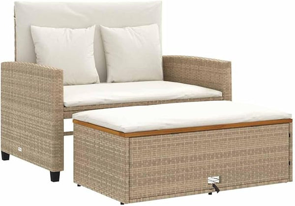 vidaXL Patio Sofa with Cushions - 2-Seater Beige Poly Rattan & Acacia Wood - Convertible Bench/Sofa Bed - Outdoor - Photo 1