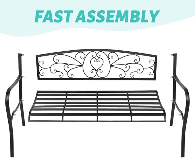 JOYBASE 50" Outdoor Bench, 2-3 People Seat, Metal Patio Bench, Cast Iron Bench, Porch Bench, Garden Bench, 530lbs Weight Capacity, Black
