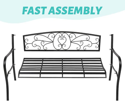 JOYBASE 50" Outdoor Bench, 2-3 People Seat, Metal Patio Bench, Cast Iron Bench, Porch Bench, Garden Bench, 530lbs Weight Capacity, Black