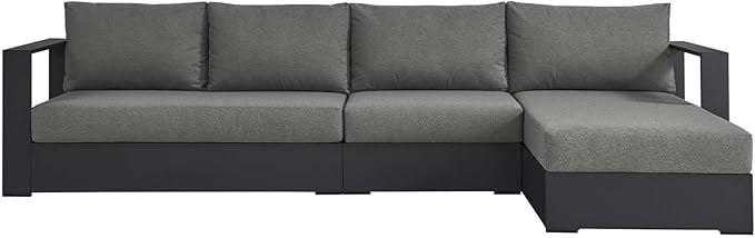 Modway Tahoe Modular Aluminum 3-Piece Outdoor Patio Furniture Gray Charcoal, Right-Facing Sectional Sofa Set with Weather-Resistant Cushions, Ideal for Deck, Backyard, Poolside