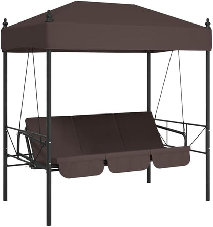 Garden Swing Bench for Patio, 3-Seater Outdoor Porch Swing with Adjustable Canopy, Convertible Bed, Powder-Coated Steel Frame, Weather-Resistant, Brown