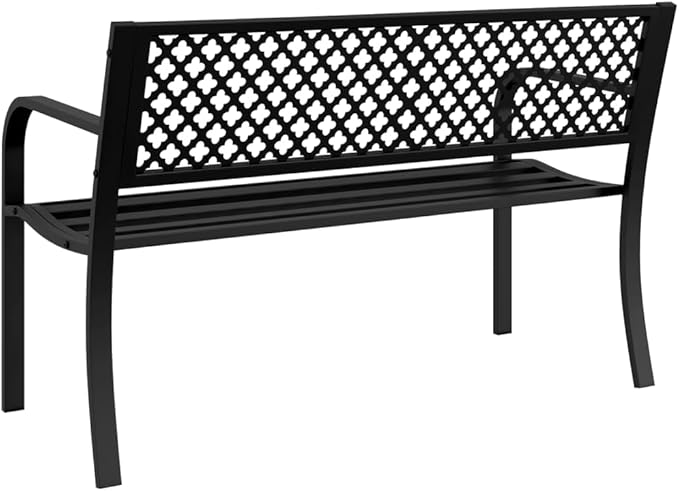 Garden Bench Outdoor 47 in Powder-Coated Steel Black Rectangular Seating for Two Robust Weather-Resistant Patio Porch Backyard Furniture