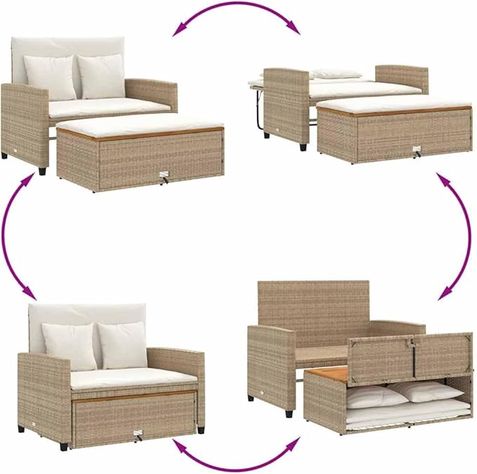 vidaXL Patio Sofa with Cushions - 2-Seater Beige Poly Rattan & Acacia Wood - Convertible Bench/Sofa Bed - Outdoor Garden Deck Furniture with Footstool & Storage