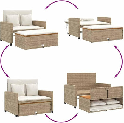 vidaXL Patio Sofa with Cushions - 2-Seater Beige Poly Rattan & Acacia Wood - Convertible Bench/Sofa Bed - Outdoor Garden Deck Furniture with Footstool & Storage