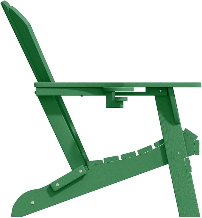 Folding Adirondack Chairs with Cup Holders, Set of 6 HDPE Plastic Outdoor Chairs, Weather Resistant, Real Wood Look, Heavy-Duty Patio Furniture for Deck, Fire Pit, Backyard, Leaf Green
