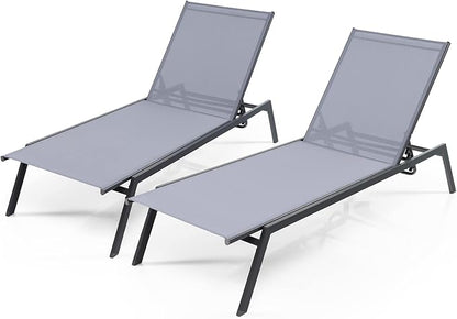 Tangkula Outdoor Adjustable Chaise Lounge Chair Set of 2, Patio 6-Position Recliner with Lay Flat Position and Quick-Drying Fabric, Outdoor Chaise Lounge for Poolside, Backyard (2, Grey, Large)