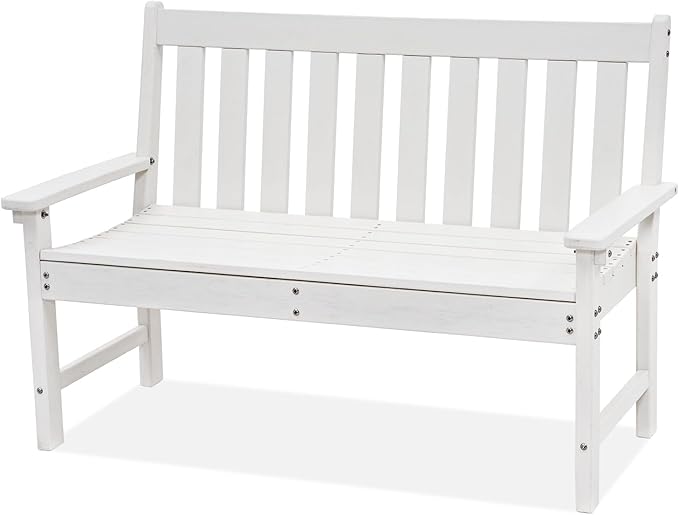 COBANA Outdoor Garden Bench, All Weather HDPE Patio Porch Bench with Faux Wood Grain Pattern, 2-Person Seat for Lawn, Park, Backyard, Entryway, White
