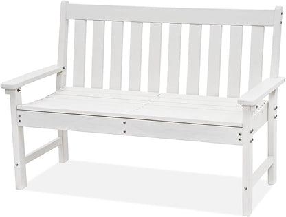 COBANA Outdoor Garden Bench, All Weather HDPE Patio Porch Bench with Faux Wood Grain Pattern, 2-Person Seat for Lawn, Park, Backyard, Entryway, White