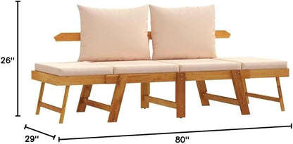 Solid Acacia Wood Garden Bench with Beige Cushions, Brown Rectangular 80.7 Inch Long 2-Seater Outdoor Furniture for Patio Balcony Backyard, Convertible Design Adjustable Armrests