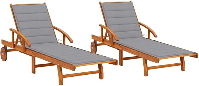 2-Pack Large Brown Acacia Wood Outdoor Chaise Lounge with Wheels - Photo 1
