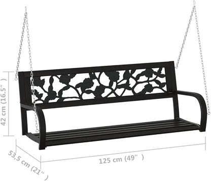 Garden Swing Bench Black Steel Frame 49.2x49.2x16.5 in Rose Pattern Seat Outdoor Seating for Patio Porch Backyard Balcony