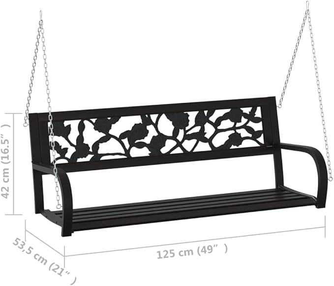 Outdoor Garden Swing Bench for 2 Person, Steel Metal Porch Swing Chair with Rose Pattern Backrest, Matte Black Backyard Patio Hanging Seat, 49 Inch