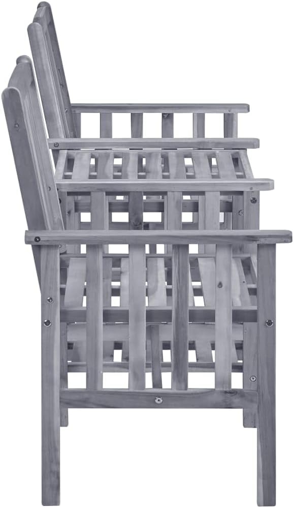 Grey Solid Acacia Wood Garden Chair with Tea Table, Medium Durable Outdoor Seating for Patio and Balcony, Rustic Style with Weathered Finish, Comfortable Cushion Included,