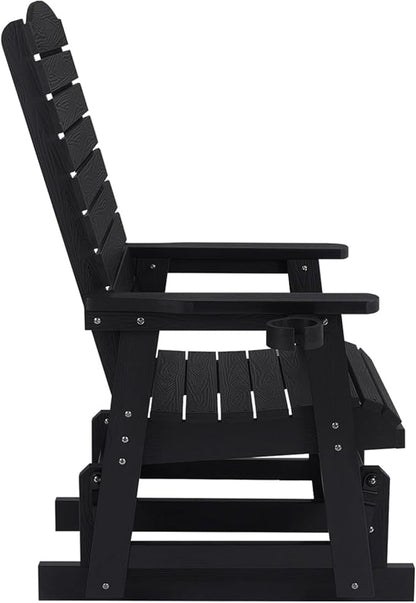 Poly Lumber Patio Glider for One Person, with Cup Holders, High Backrest and Deep Contoured Seat, HIPS Material, All-Weather Resistant, Heavy Duty 700 Pounds (Black)