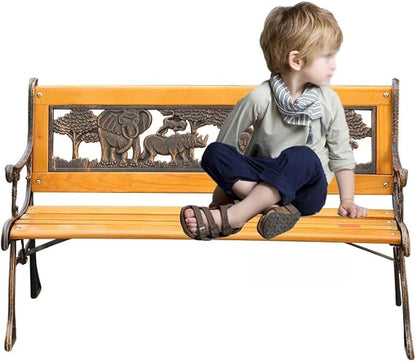 Kids 2 Seater Garden Patio Childrens Bench with Animal Design, Wooden & Cast Iron Mini Sized Park Outdoor Bench