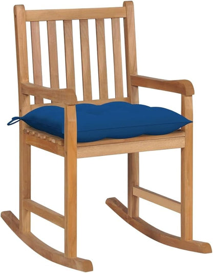 Outdoor Rocking Chair with Blue Cushion, Solid Teak Wood Patio Porch Glider, Weather Resistant Ergonomic Garden Seat for Backyard, Deck, and Indoor Relaxation