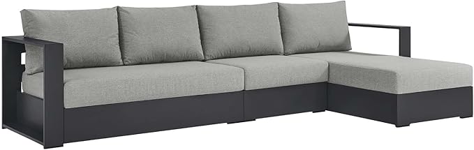 Modway Tahoe Modular Aluminum 3-Piece Outdoor Patio Furniture Gray, Right-Facing Sectional Sofa Set with Weather-Resistant Cushions, Ideal for Deck, Backyard, Poolside