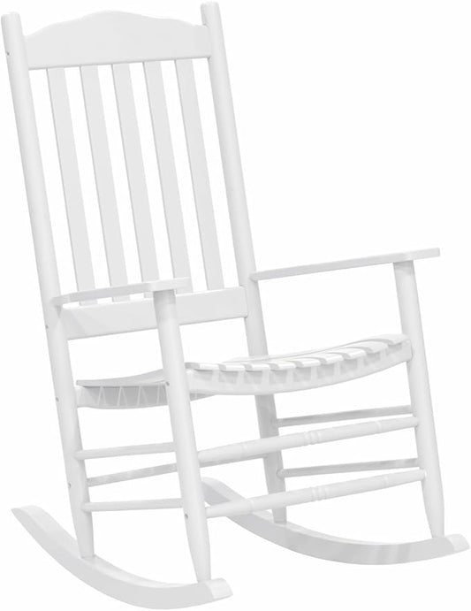 Wooden Rocking Chair Outdoor with 350lbs Weight Capacity All Weather Porch Rockers for Garden, Lawn, Porch, Backyard (1, White
