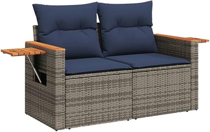 BOWERY HILL 2-Seater Poly Rattan Patio Sofa, Gray Finish, PE Rattan and Steel Frame with Acacia Wood Side Table, Navy Blue Cushions, Storage Space, UV-Proof Outdoor Seating for Garden or Patio Use