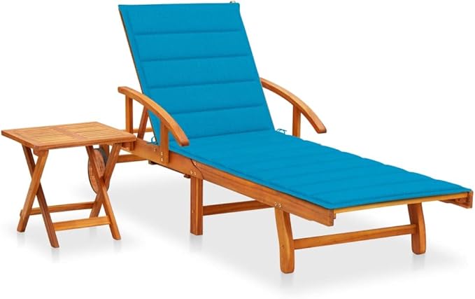 Outdoor Sun Lounger with Side Table and Cushion, Solid Acacia Wood Patio Furniture, Adjustable Backrest - Photo 1
