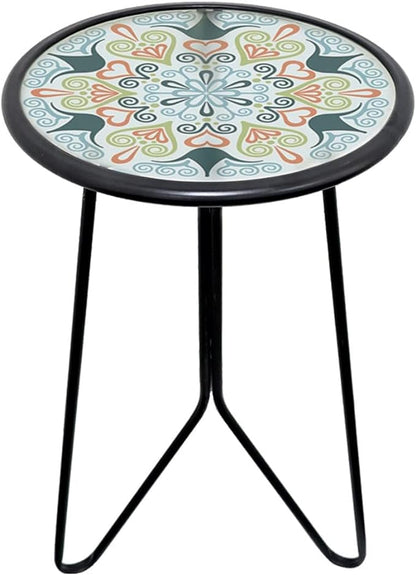 LIFFY Patio Side Table, 12" Outdoor Metal Side Table with Glass Top, Indoor Round Accent End Table for Living Room or Bedroom, Small Decorative Plant Stand Table for Garden Yard Balcony