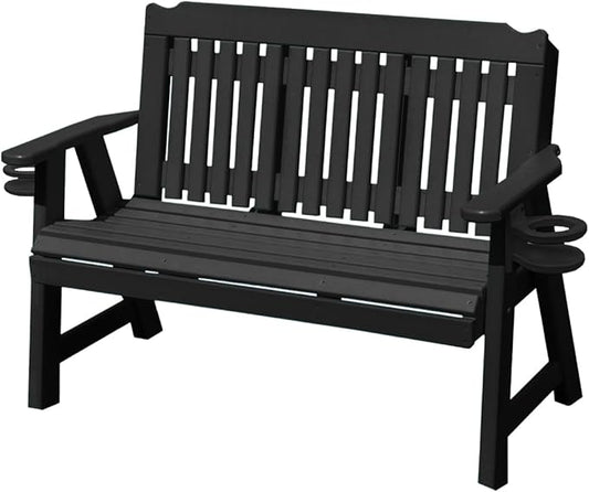 2-Person 4FT Plastic Poly Lumber Wood Cup Holders Bench Amish Craftsmanship Made in USA HDPE with No wood fibers Memorial Patio Outdoor Garden Porch Church Logan Series Signature design 800 lbs Limit