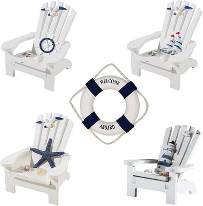 4 Pieces Wooden Adirondack Miniature Chair Ornaments with Nautical Life Ring for Coastal, Ocean, Beach Office Home Decoration Favor