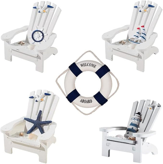 4 Pieces Wooden Adirondack Miniature Chair Ornaments with Nautical Life Ring for Coastal, Ocean, Beach Office Home Decoration Favor