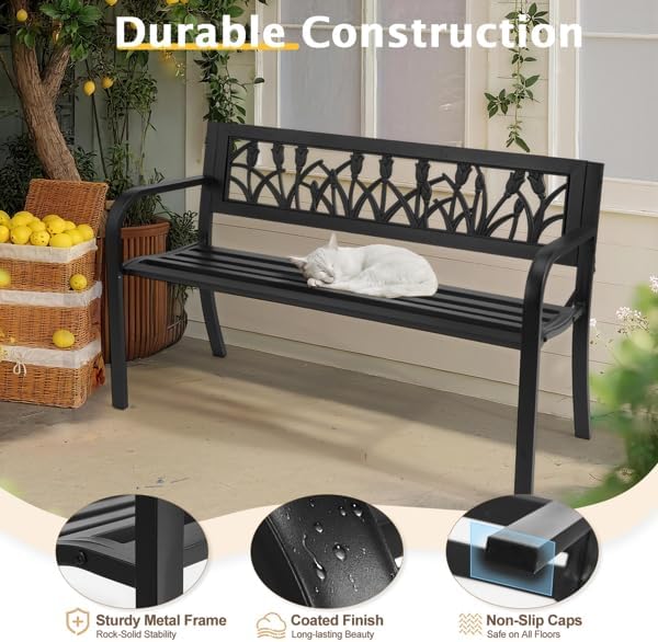 Patio Outdoor Park Loveseat Bench for Garden Porch Deck Made Cast Iron Anti-Rust Aluminum Metal, 2-3 Seater Aluminium Steel (Black Tulip)