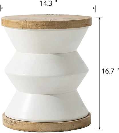 SUNBURY White Outdoor Side Table Set of 2, 14" W Concrete Side Table, Round Accent Marble End Drum Table, Garden Stool Plant Stand, Lounge, Yard