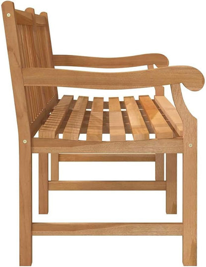 Solid Teak Wood Garden Bench with Carved Armrests, Light Brown Outdoor Patio Seating, Extra Heavy Durable Rectangular Bench for Backyard and Terrace, Vintage Style