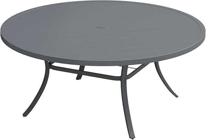 Patio Dining Table for 8-10, Round Metal Outdoor Table with 1.57" Umbrella Hole, 63" Outdoor Slat Tabletop Dining Table for Backyard, Porch, Lawn, Dark Grey