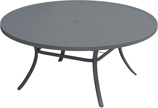 Patio Dining Table for 8-10, Round Metal Outdoor Table with 1.57" Umbrella Hole, 63" Outdoor Slat Tabletop Dining Table for Backyard, Porch, Lawn, Dark Grey